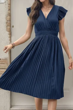 Preto Decote em V Linha-A Plissado vestido de verão