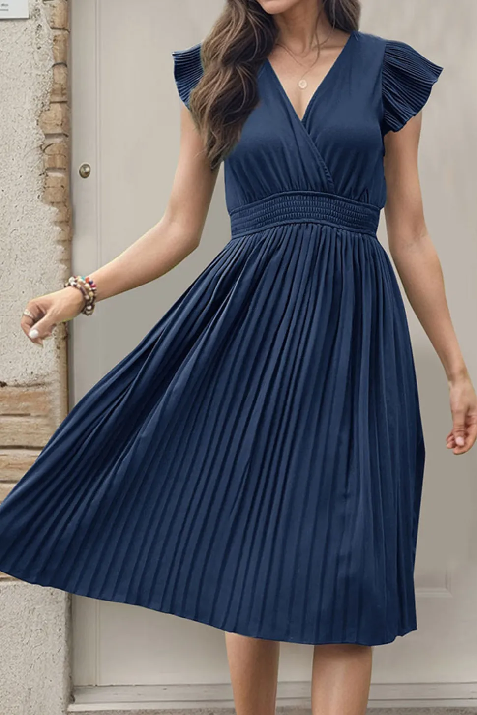 Preto Decote em V Linha-A Plissado vestido de verão