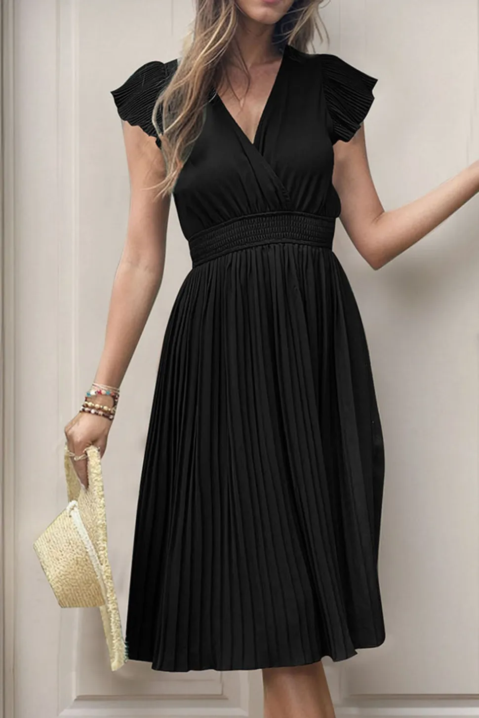 Preto Decote em V Linha-A Plissado vestido de verão