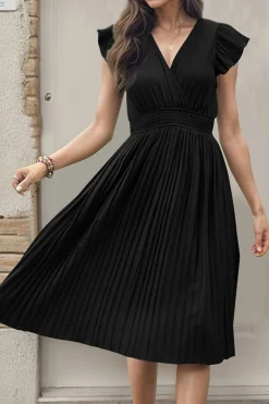 Preto Decote em V Linha-A Plissado vestido de verão