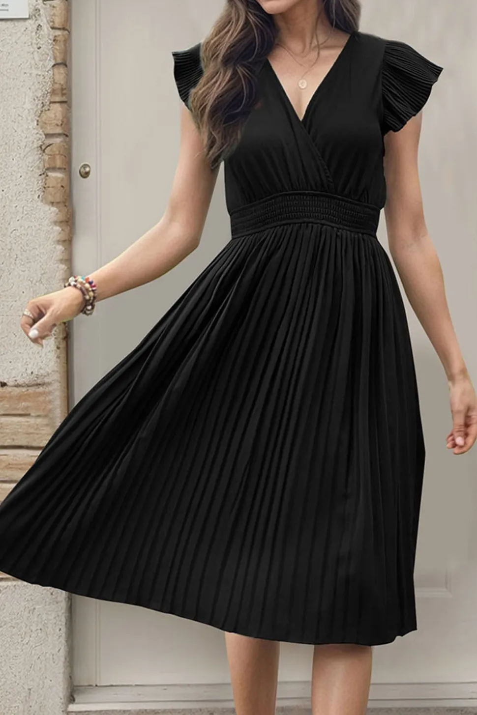 Preto Decote em V Linha-A Plissado vestido de verão