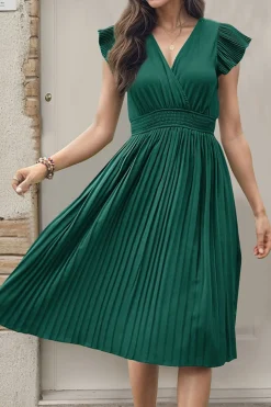 Preto Decote em V Linha-A Plissado vestido de verão
