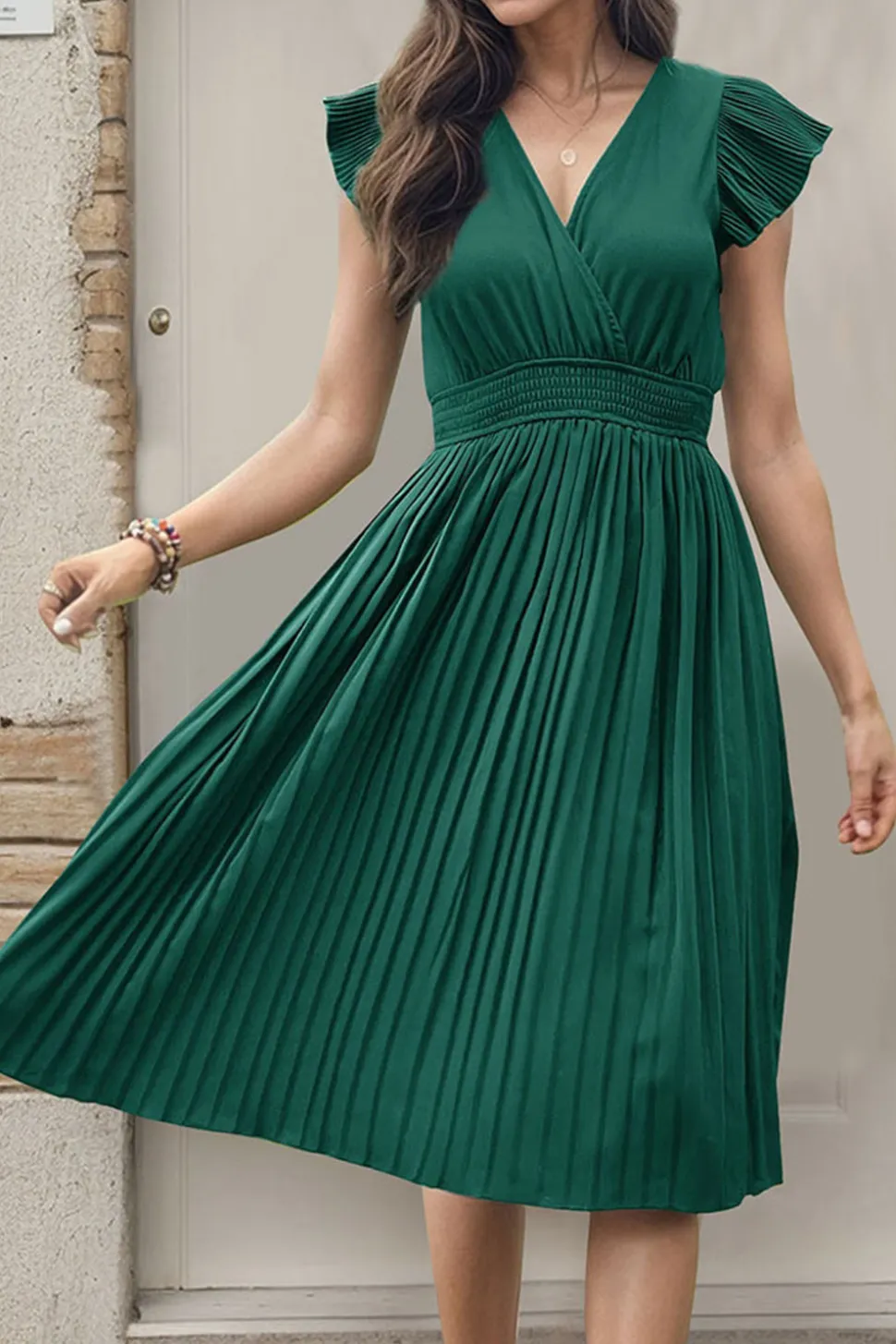 Preto Decote em V Linha-A Plissado vestido de verão
