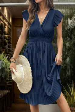 Preto Decote em V Linha-A Plissado vestido de verão