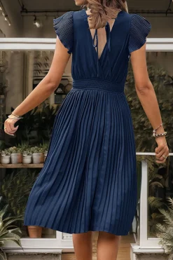 Preto Decote em V Linha-A Plissado vestido de verão