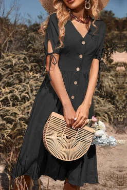 Preto Decote em V Mangas Curtas Vestido de Verão