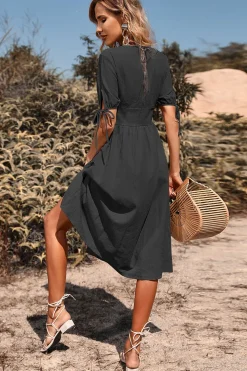 Preto Decote em V Mangas Curtas Vestido de Verão
