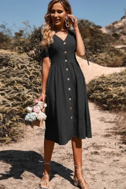 Preto Decote em V Mangas Curtas Vestido de Verão