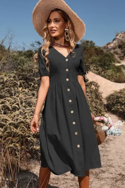 Preto Decote em V Mangas Curtas Vestido de Verão