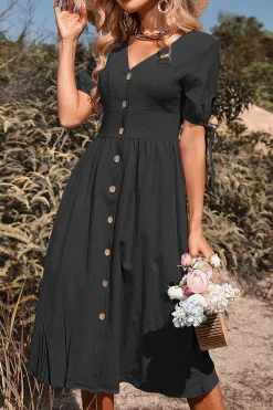 Preto Decote em V Mangas Curtas Vestido de Verão