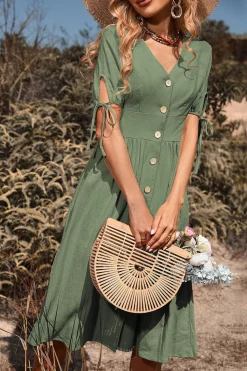 Preto Decote em V Mangas Curtas Vestido de Verão