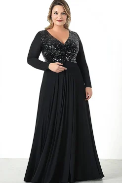 Preto Decote em V Mangas Compridas Tamanhos Grandes Longo Vestido Mae Noiva