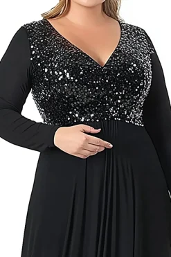 Preto Decote em V Mangas Compridas Tamanhos Grandes Longo Vestido Mae Noiva