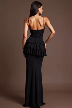 Preto Decote em V Trompete/sereia Longos Vestido Cerimónia com Fenda