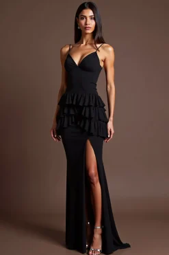 Preto Decote em V Trompete/sereia Longos Vestido Cerimónia com Fenda