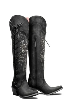 Preto Dedo Pontiagudo Bordado Médio Comprimento Cowgirl Botas