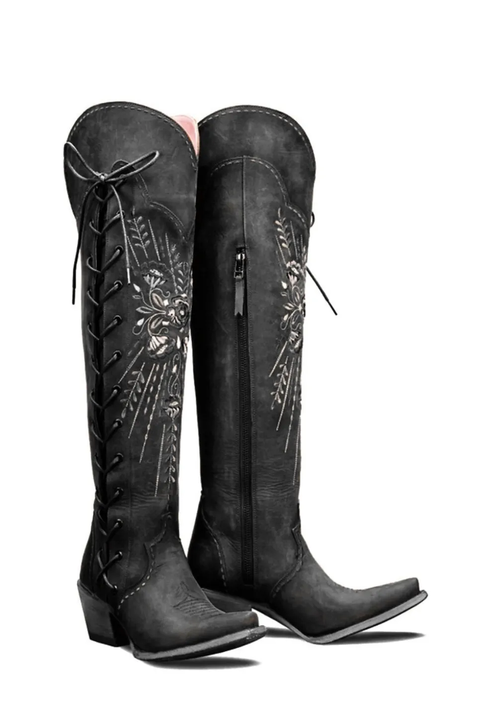 Preto Dedo Pontiagudo Bordado Médio Comprimento Cowgirl Botas