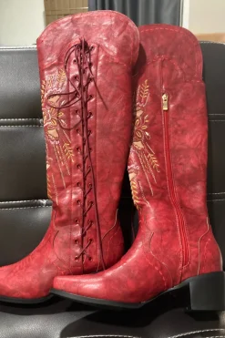 Preto Dedo Pontiagudo Bordado Médio Comprimento Cowgirl Botas