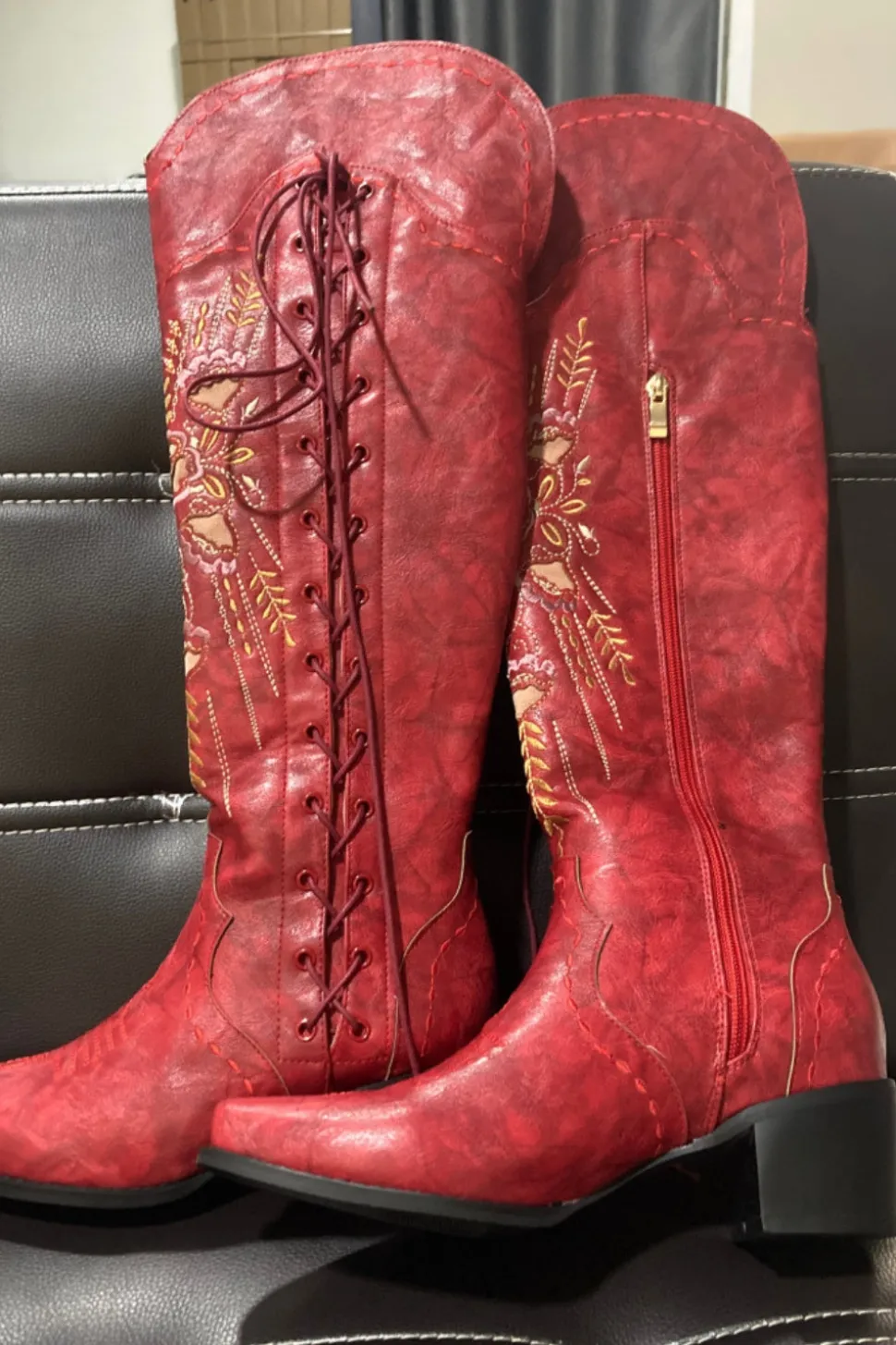 Preto Dedo Pontiagudo Bordado Médio Comprimento Cowgirl Botas
