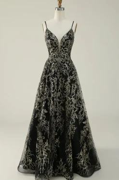 Preto Dourado Esparguete Correias Vestido de Baile