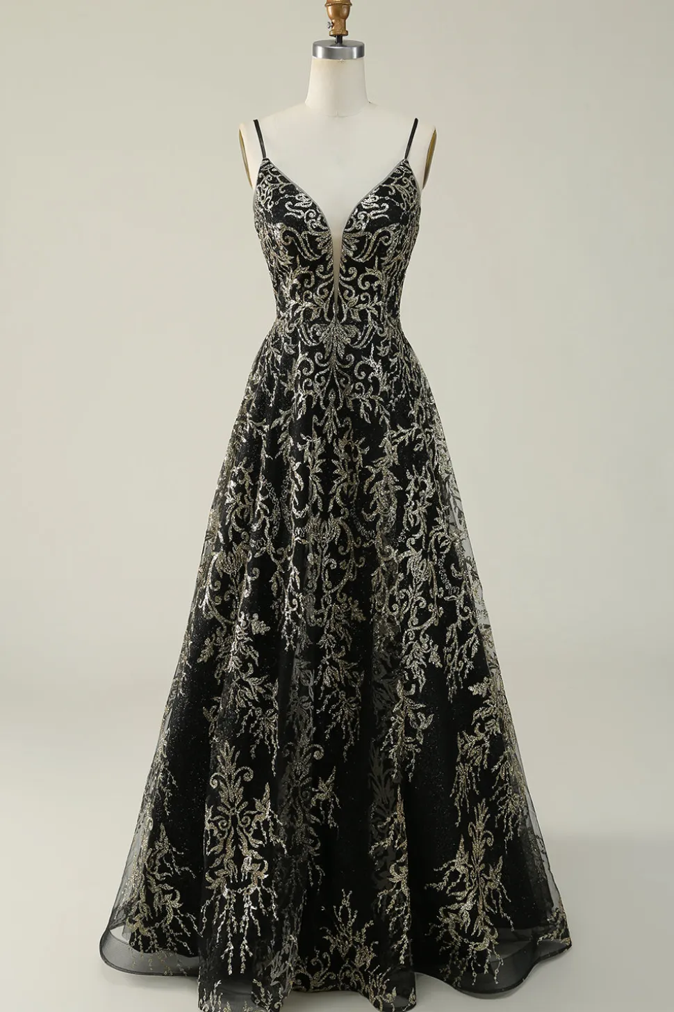 Preto Dourado Esparguete Correias Vestido de Baile