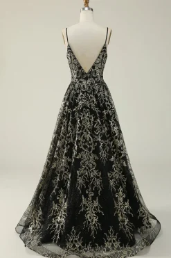 Preto Dourado Esparguete Correias Vestido de Baile