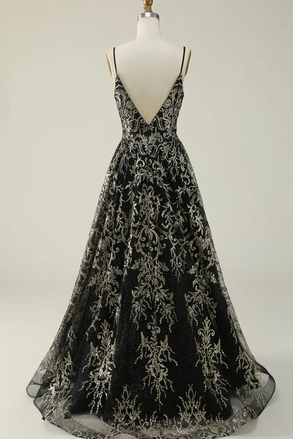 Preto Dourado Esparguete Correias Vestido de Baile