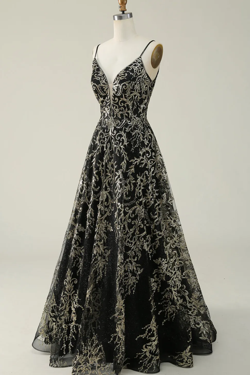 Preto Dourado Esparguete Correias Vestido de Baile
