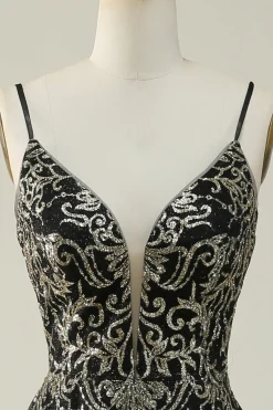 Preto Dourado Esparguete Correias Vestido de Baile