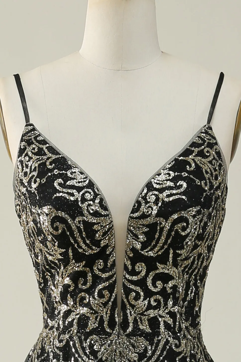 Preto Dourado Esparguete Correias Vestido de Baile