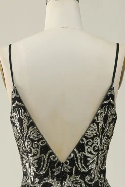 Preto Dourado Esparguete Correias Vestido de Baile