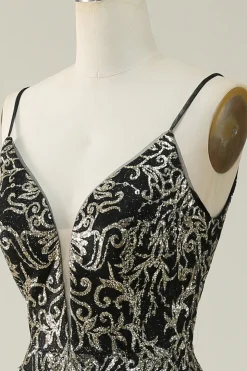 Preto Dourado Esparguete Correias Vestido de Baile