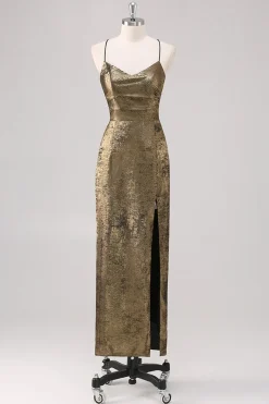 Preto Dourado Esparguete Alças Bainha Vestido Formal com Fenda