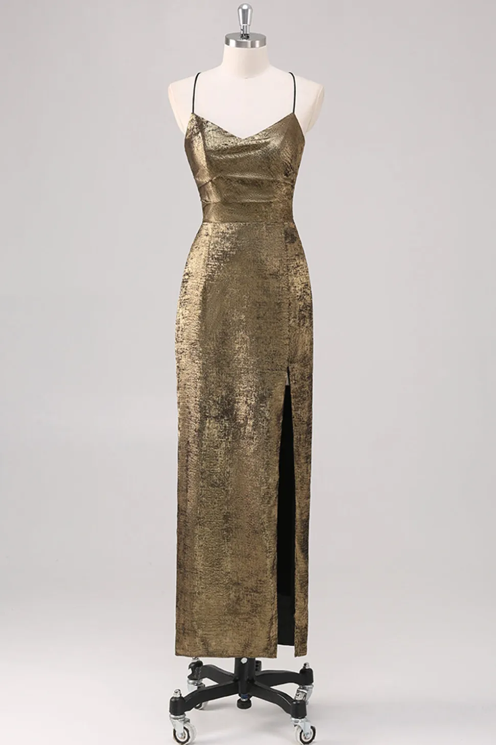 Preto Dourado Esparguete Alças Bainha Vestido Formal com Fenda