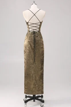 Preto Dourado Esparguete Alças Bainha Vestido Formal com Fenda