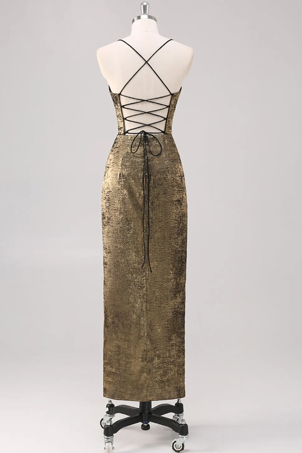 Preto Dourado Esparguete Alças Bainha Vestido Formal com Fenda