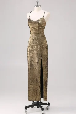 Preto Dourado Esparguete Alças Bainha Vestido Formal com Fenda