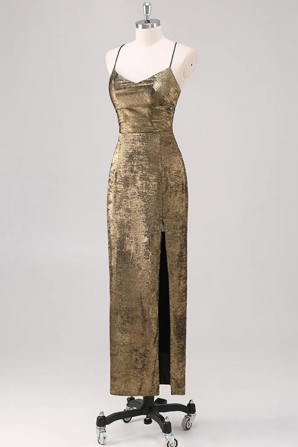 Preto Dourado Esparguete Alças Bainha Vestido Formal com Fenda