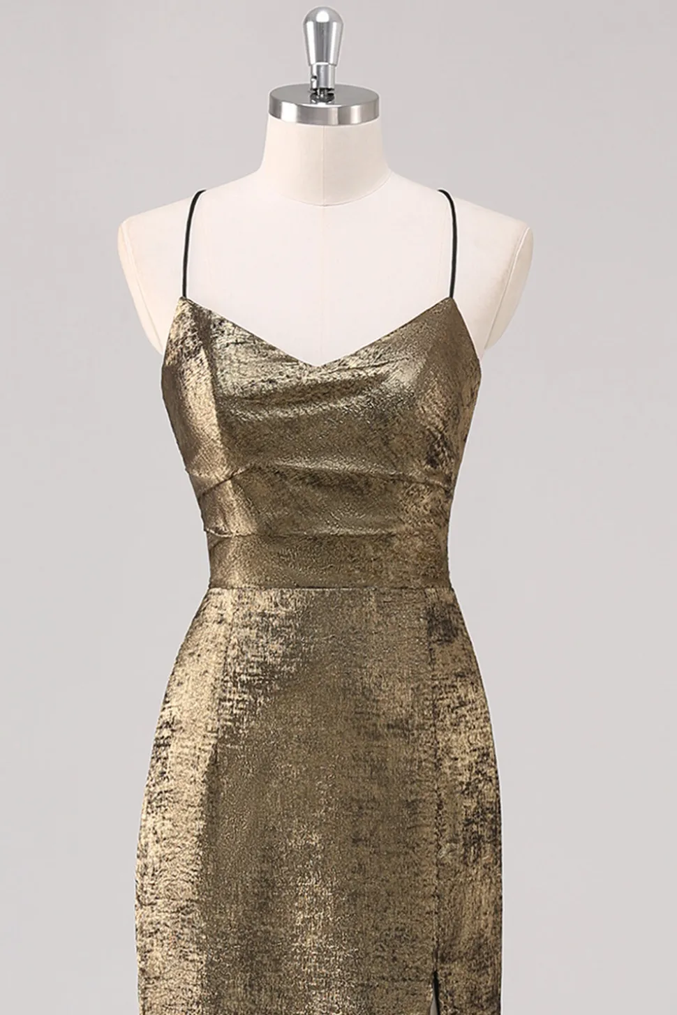 Preto Dourado Esparguete Alças Bainha Vestido Formal com Fenda