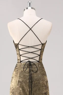 Preto Dourado Esparguete Alças Bainha Vestido Formal com Fenda