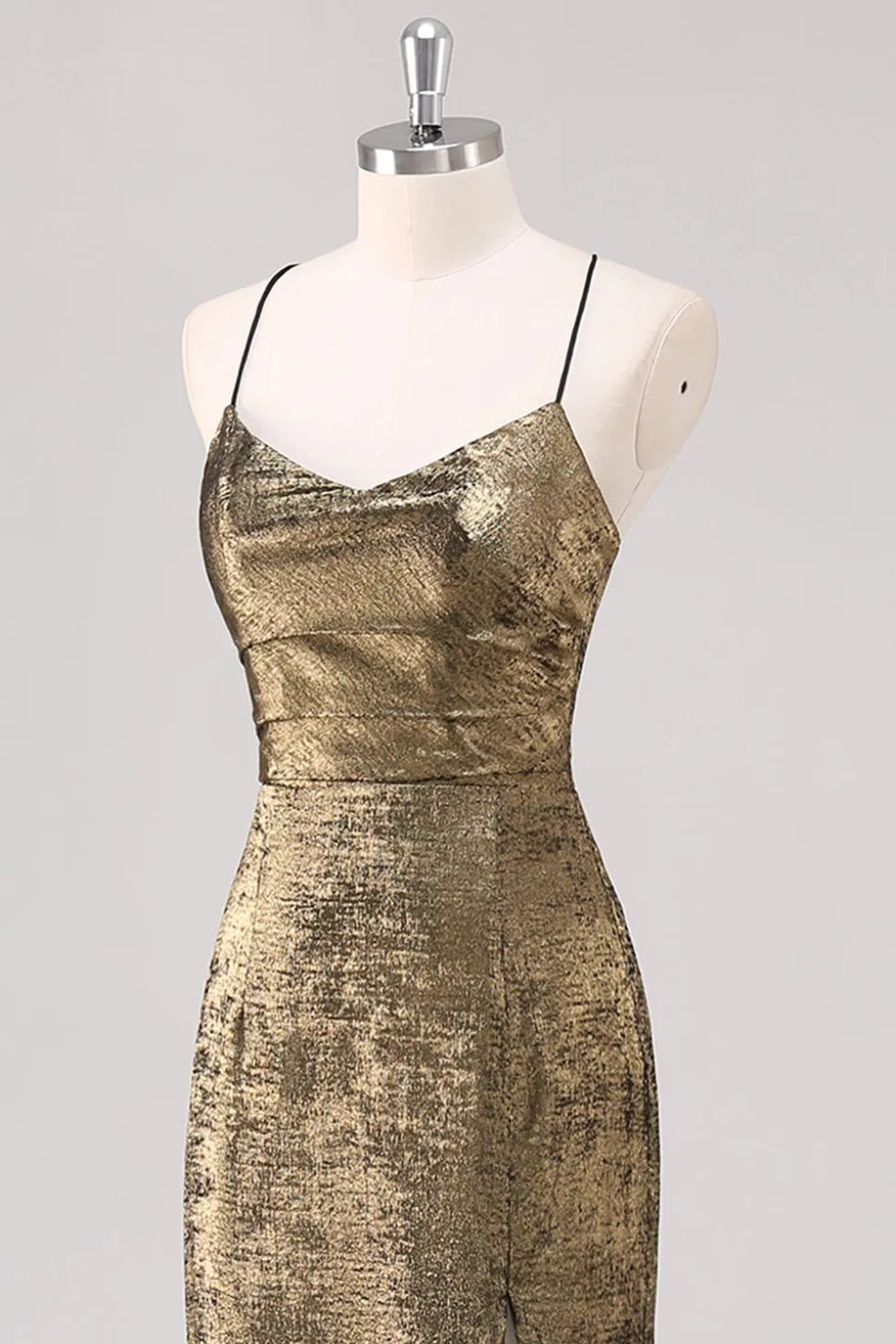 Preto Dourado Esparguete Alças Bainha Vestido Formal com Fenda