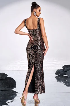 Preto Dourado Estampa Sequins Sereia Pescoço Quadrado Vestido Longo Baile