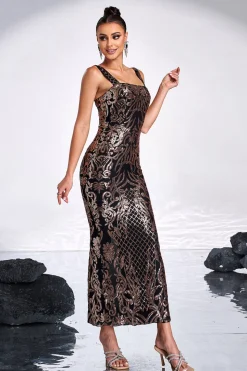 Preto Dourado Estampa Sequins Sereia Pescoço Quadrado Vestido Longo Baile
