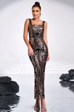 Preto Dourado Estampa Sequins Sereia Pescoço Quadrado Vestido Longo Baile
