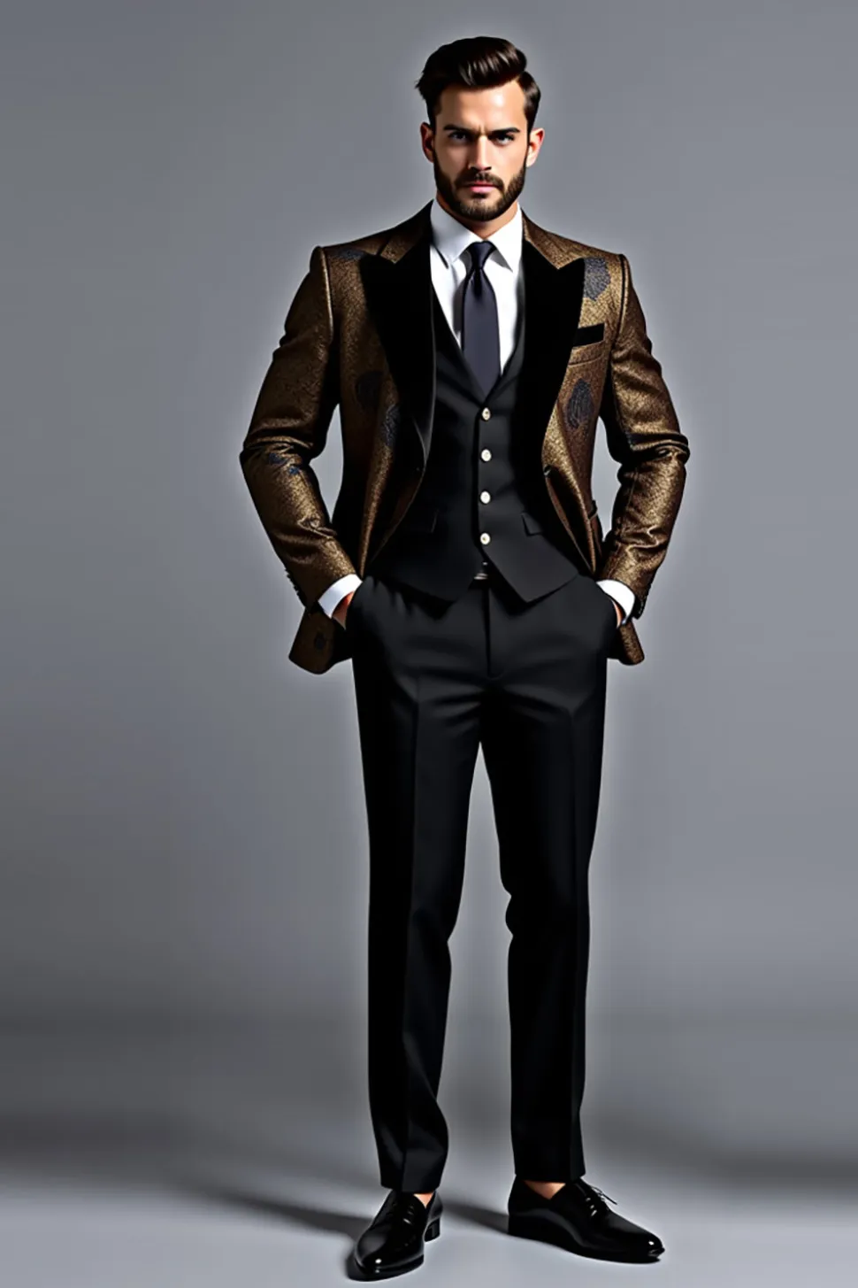Preto Dourado Lapela Mangas Compridas Ternos Masculinos