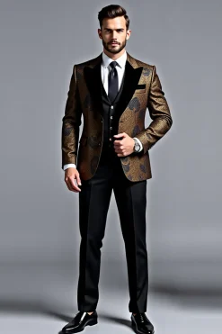 Preto Dourado Lapela Mangas Compridas Ternos Masculinos
