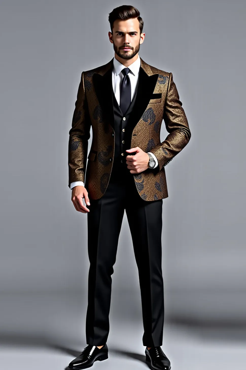 Preto Dourado Lapela Mangas Compridas Ternos Masculinos