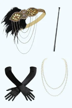 Preto Dourado 1920s Acessórios de festa Quatro Peças Conjuntos