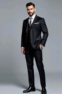 Preto Duplo Peito 3 Peças Notched lapela Fato Homem