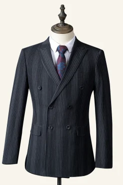 Preto Duplo Peito Terno Masculino 3 Peças